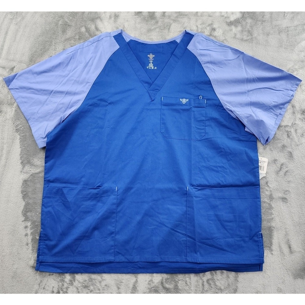 NEW Med Couture Scrub Top‎ Mens XL Blue E-Z Flex Two Tone Raglan V-Neck Nursing